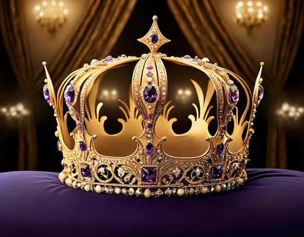 Magnificent detailed golden crown embellished with sparkling jewels