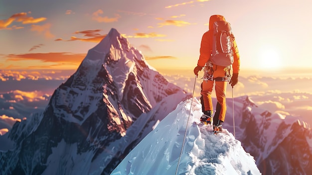 Magnificent A dramatic image of a climber in bright contrasting gear ascending a snowy mountain peak