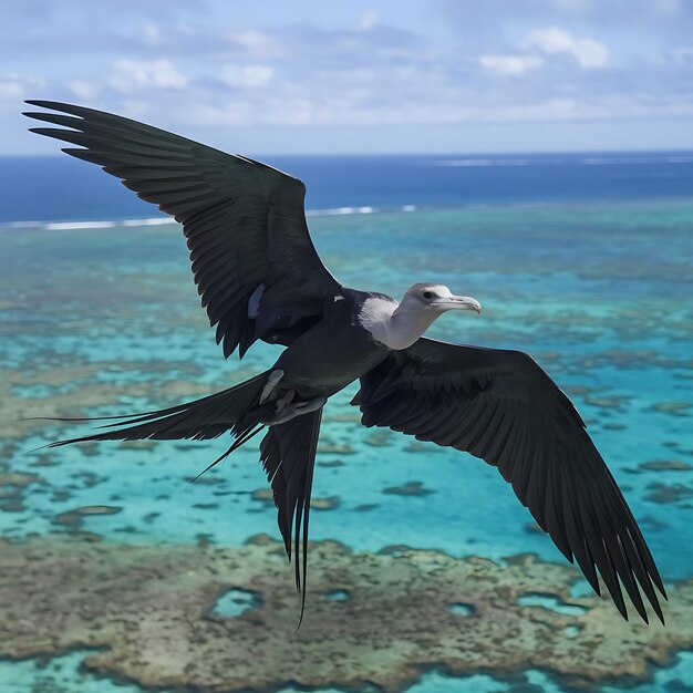 Photo a magnificent frigate bird gliding effortlessly across a vibrant sunset sky