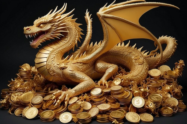 magnificent golden serpentine dragon surrounded by a vast hoard of riches and treasure