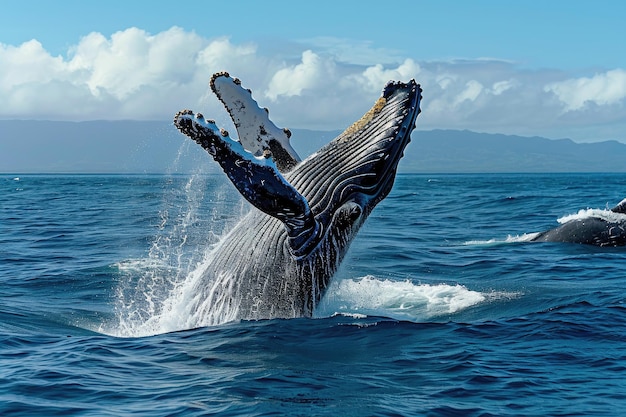 Magnificent humpback whales breaching in open seas Marvel at the aweinspiring sight of humpback whales as they breach the surface of the open seas