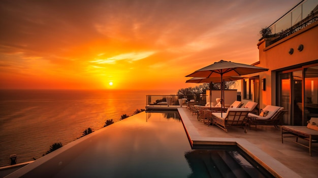 A magnificent image of a luxurious summer villa rental offering an extraordinary terrace and mesmerizing sunset views for an unforgettable vacation experience