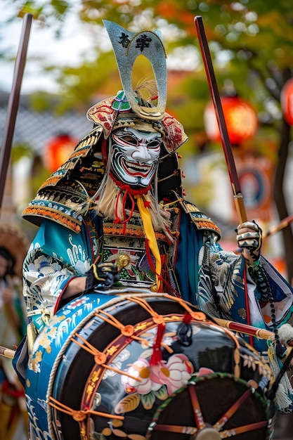 Magnificent Japanese Cultural Festival with Ornate MasksTaiko Drumsand Graceful Ribbon Dances