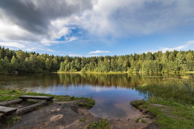 Magnificent landscape with a view of the lake bench on the shore