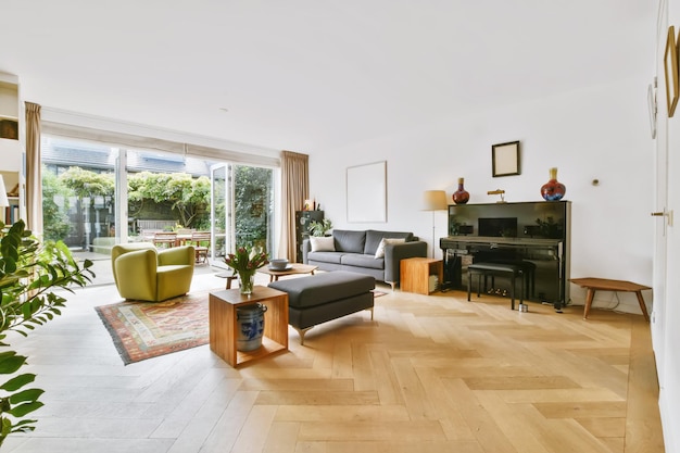 A magnificent large living room with a gray sofa