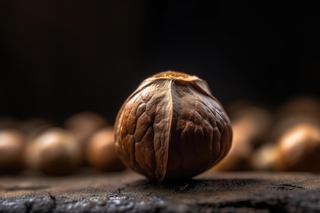 Magnificent macro shot of a single candlenut placed on a textured surface under diffused natural