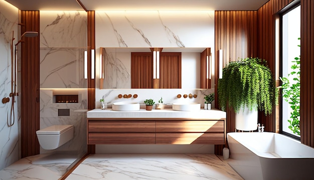 Magnificent modern bathroom with wood and marble bath and shower Generative AI