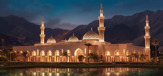 Magnificent mosque night view background with copy space