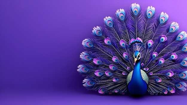 Photo magnificent peacock displaying vibrant feathers against soft lavender background