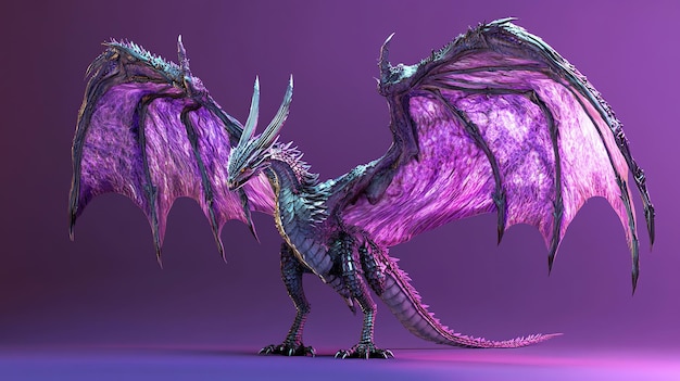 Photo a magnificent purple and blue dragon stands on a purple background wings outstretched