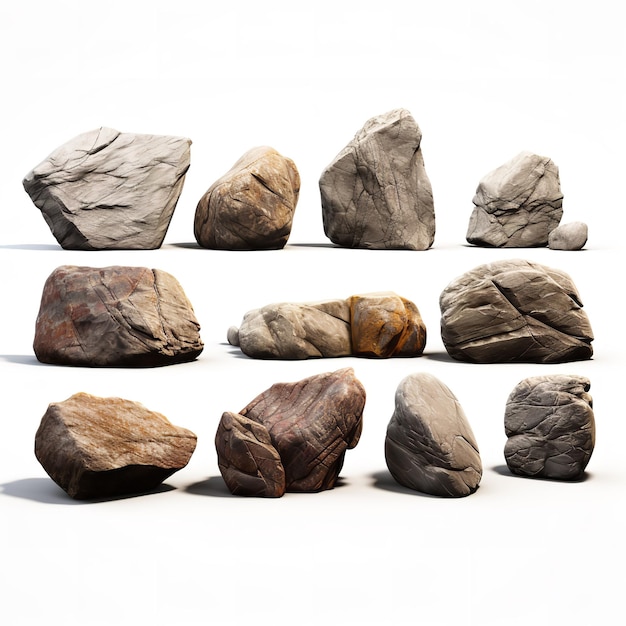 Magnificent rocks in various positions isolated on white background