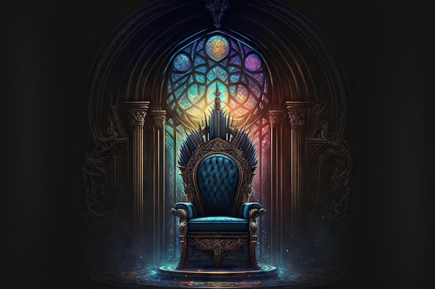 Magnificent throne with stainedglass window in background in dark castle created with generative ai