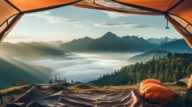 Photo a magnificent view from the camping tent to the high mountains with glaciers at the base camp neural network ai generated