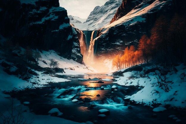 A magnificent view of a frozen waterfall surrounded by snowcovered peaks and trees