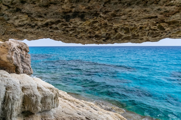 Magnificent view of the horizon from a cave on the shores of the Mediterranean Sea