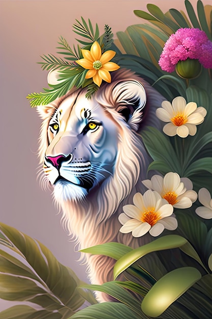 Magnificent white lion with a wreath of flowers on his head peeks out of the jungle