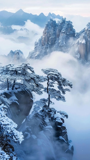 magnificent winter scenery of mountains covered with heavy snow and fog