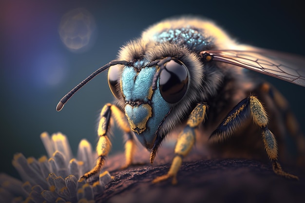 Magnified CloseUp of a Bee's Head with Yellow Pollen Dust