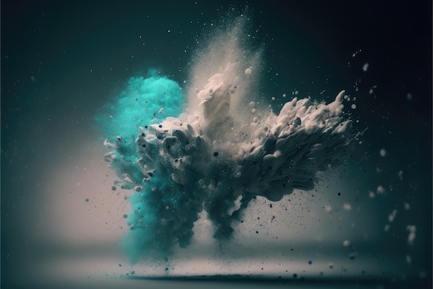 Magnified particles in air during explosion of blue powder created using generative ai technology