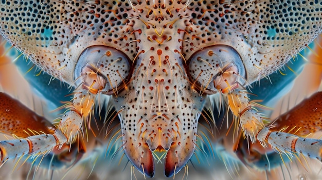 A magnified view of a beetles labium showing a symmetrical arrangement of soft y structures used for