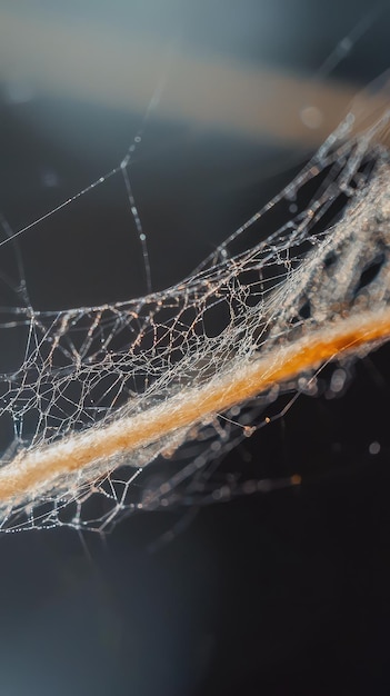 Photo magnified view of single strand of silk from spider showcasing intricate details and textures delicate web structure glistens creating captivating visual experience