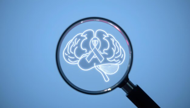 Photo magnifier focus to human brain icon idea creative intelligence thinking or awareness of alzheimer