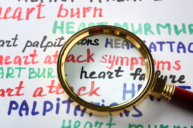 Photo magnifier on heart attack medical message background