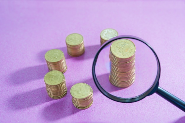 Magnifier searching investment of stacking coin growing on pink background