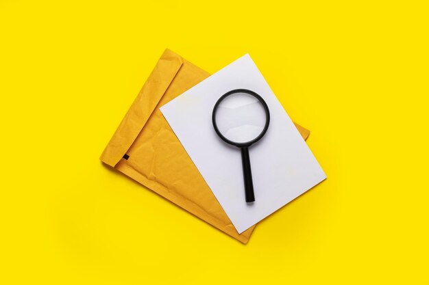 Magnifying glass blank white sheet and envelope on a yellow background