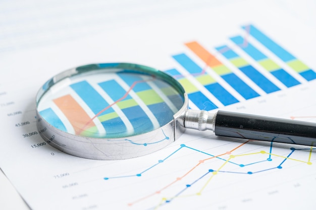 Magnifying glass on charts graphs paper Financial development Banking Account Statistics Investment Analytic research data economy Stock exchange trading Business office concept