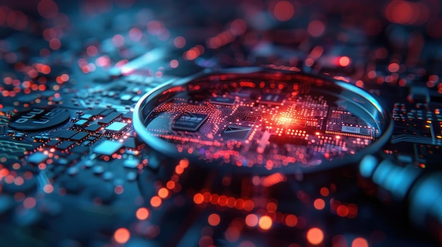 Magnifying Glass on a Circuit Board with Glowing Red Lights