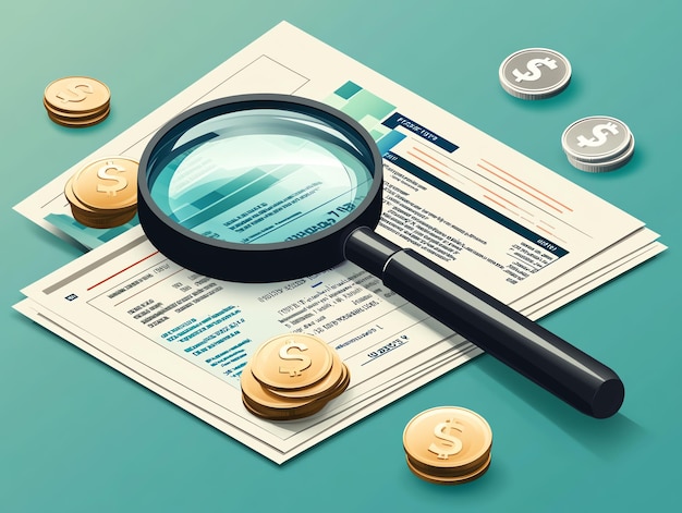 Photo magnifying glass on financial documents with coins representing financial analysis and inspection