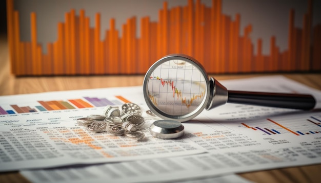 Magnifying glass on financial report with candlestick chart and coins