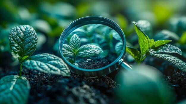 Photo a magnifying glass focuses on a small green plant highlighting details in a scientific study