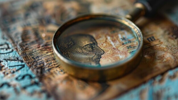 Photo a magnifying glass focusing on a detailed vintage world map highlighting geographic features