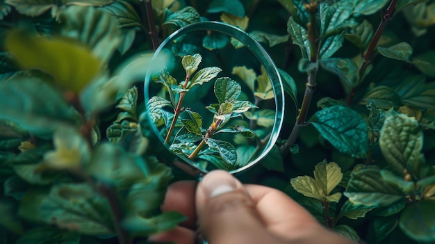 Photo magnifying glass focusing on fresh green leaves in a garden