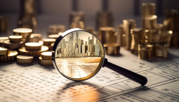 Magnifying glass over golden coins and city skyline