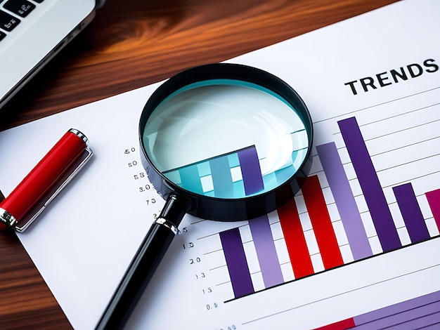 Photo magnifying glass on graph paper for financial analysis investment and banking statistics