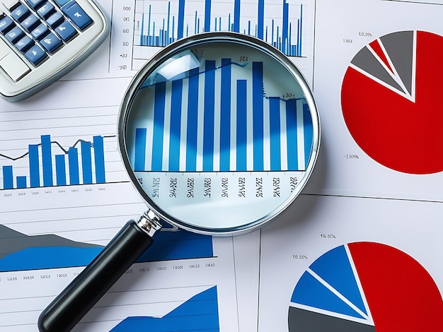 Photo magnifying glass on graph paper for financial analysis investment and banking statistics