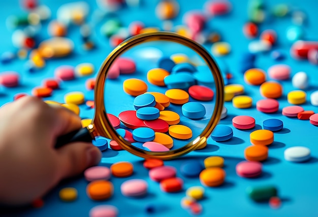 Photo magnifying glass held in a hand examines a variety of colorful pills scattered on a blue background