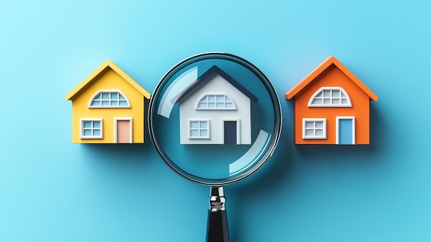 Photo a magnifying glass highlights a white house model between orange and yellow house models on a blue background representing real estate focus