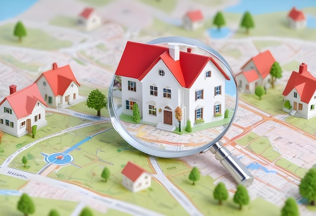 A magnifying glass hovering over a map focusing on a house