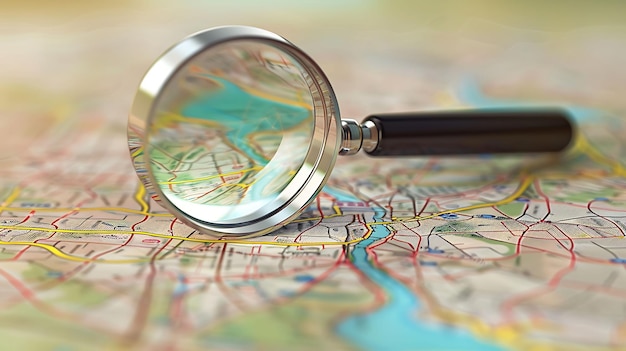 a magnifying glass is on a map that says the word