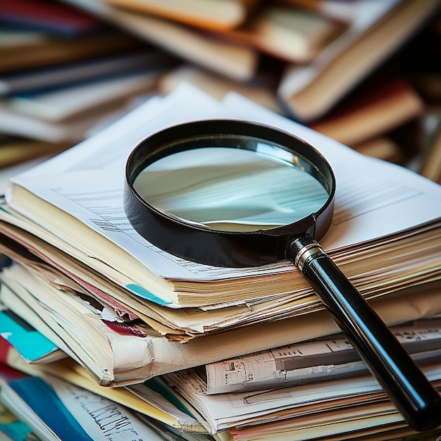 Photo a magnifying glass is on a stack of books