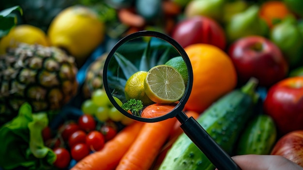 a magnifying glass is surrounded by vegetables and fruits