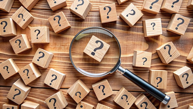 a magnifying glass is on a table with many wooden blocks