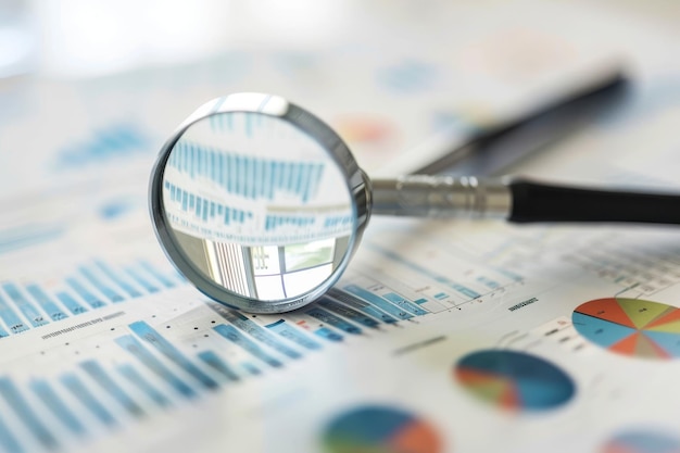 a magnifying glass is on top of a newspaper with a blue and white background