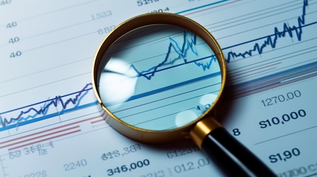 A magnifying glass is on top of a piece of paper with a graph on it.