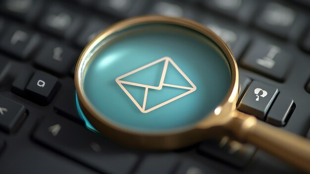 Photo a magnifying glass over a keyboard focuses on the email icon