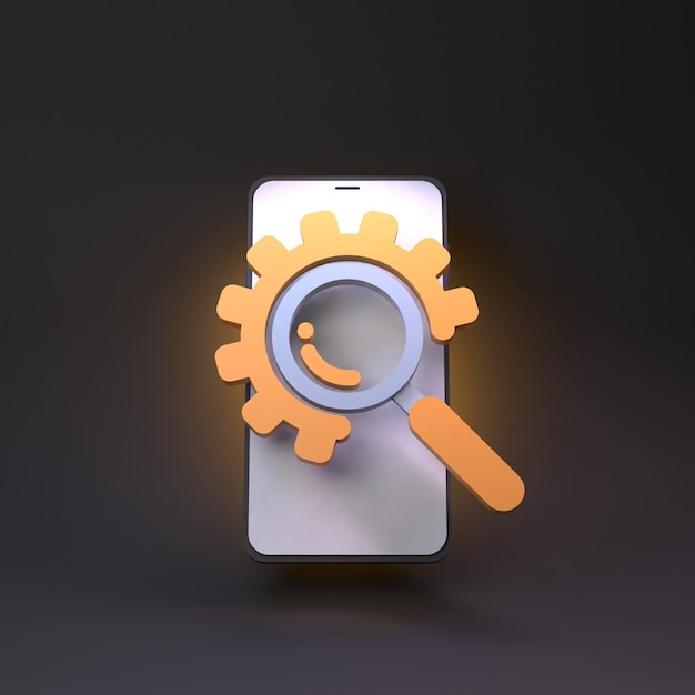 Magnifying glass and mobile phone 3d rendering illustration